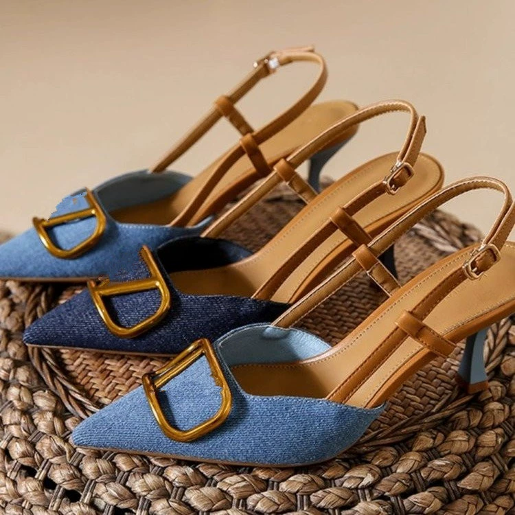 Легкие роскошные стильные женские босоножки на шпильке Baotou, лето 2022, новый стиль, французская светская львица, джинсовые туфли на высоком каблуке с острым носком и мелким горлышком