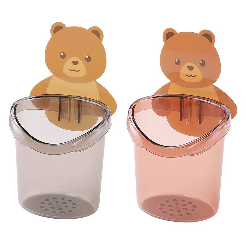 (2개) 곰 배수구 보관 랙 컵 홀더 펀치없는 칫솔 보관 랙 기숙사 보관 욕실 벽걸이 보관 상자