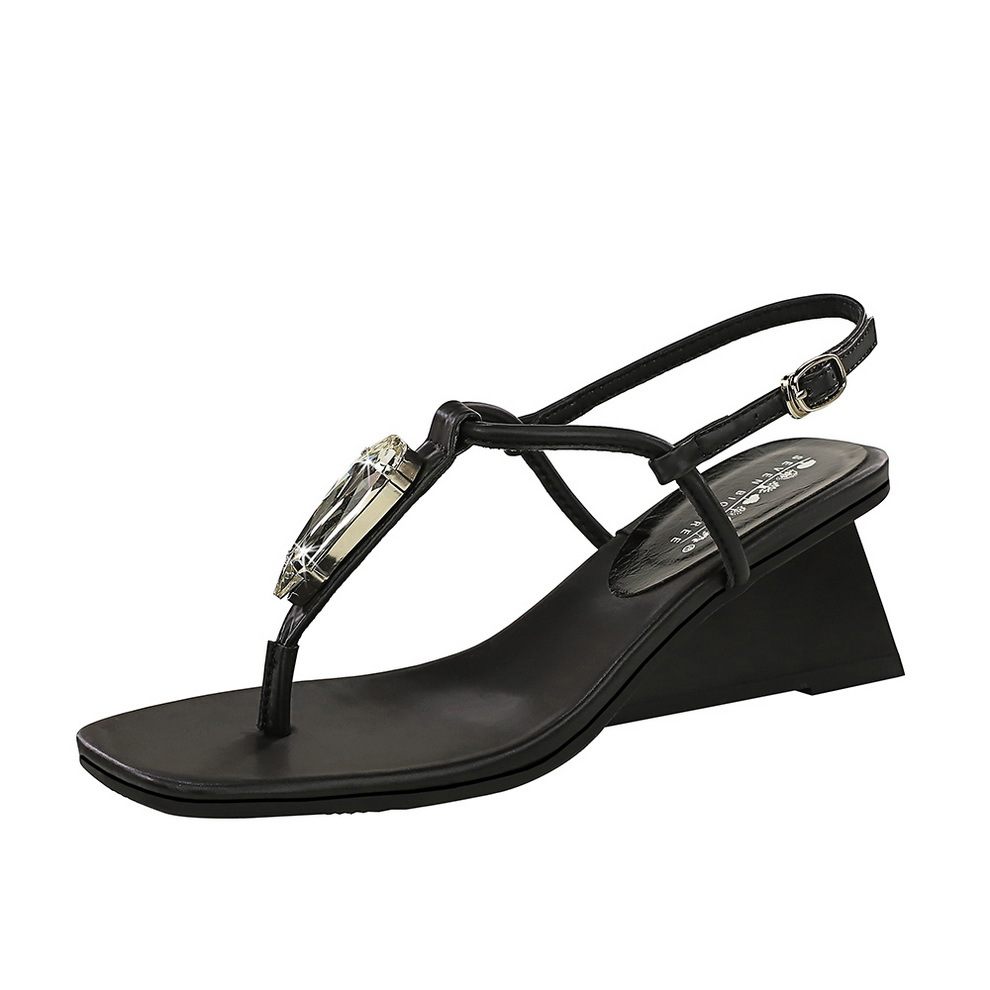 French Design Women's Wedge Sandals With Rhinestones And Straps_voghion.com