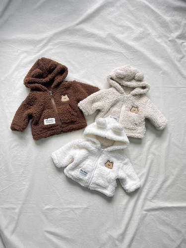 Ins Korean version autumn and winter children's plush jacket, lined and thick hooded fur sweater, unisex baby jacket top