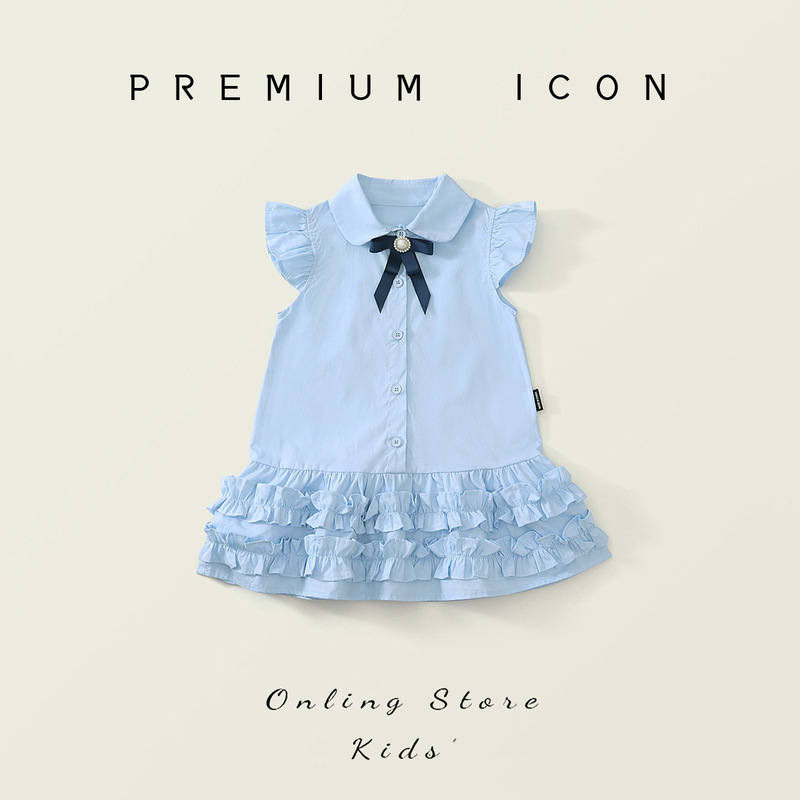 Girls Blue College Style Small Flying Sleeve Dress 2025 Summer New Baby Girl Korean Style Bow Children's Dress