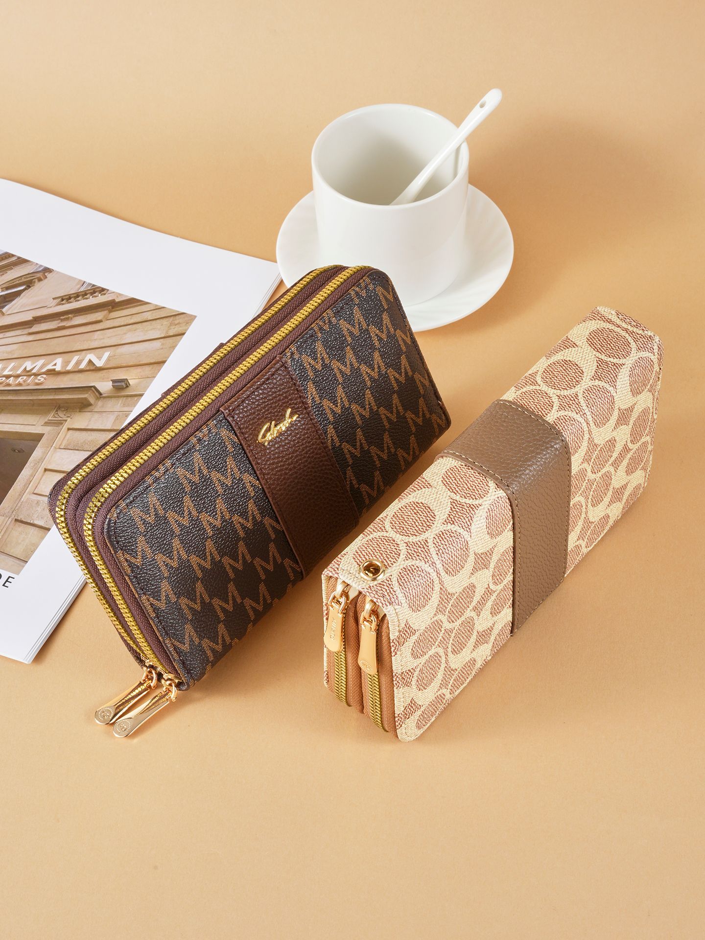 Nuevo tipo de billetera de doble tracción de tendencia transfronteriza impresión de empalme de moda universal doble multi-tarjeta zipper bolso