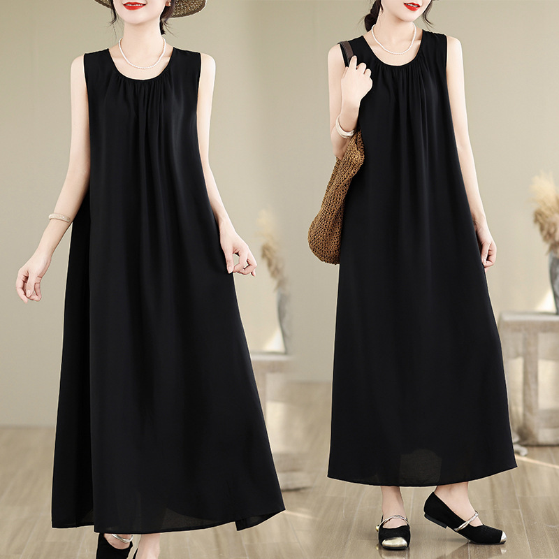 Summer Thin Cotton Silk Dress for Middle-Aged and Elderly Mothers, Women's Large Size Loose Nightgown, Casual Home Wear, Sleeveless Skirt