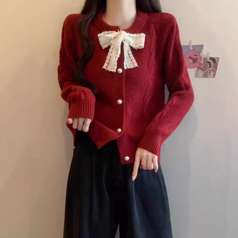 2025春秋新款蝴蝶结法式温柔风甜美气质圆领单排扣毛衣女针织开衫|undefined