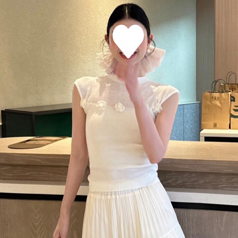 Francés tridimensional flor malla empalme chaleco de punto de seda de hielo amarillo para mujeres de verano vestida en el cuerpo delgado...