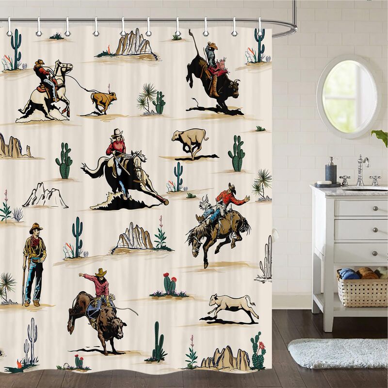 Shower Curtain Farmhouse Rustic American Western Style Bath Curtain Wild West Cowboy Horse Bathroom Accessories Set with Hooks