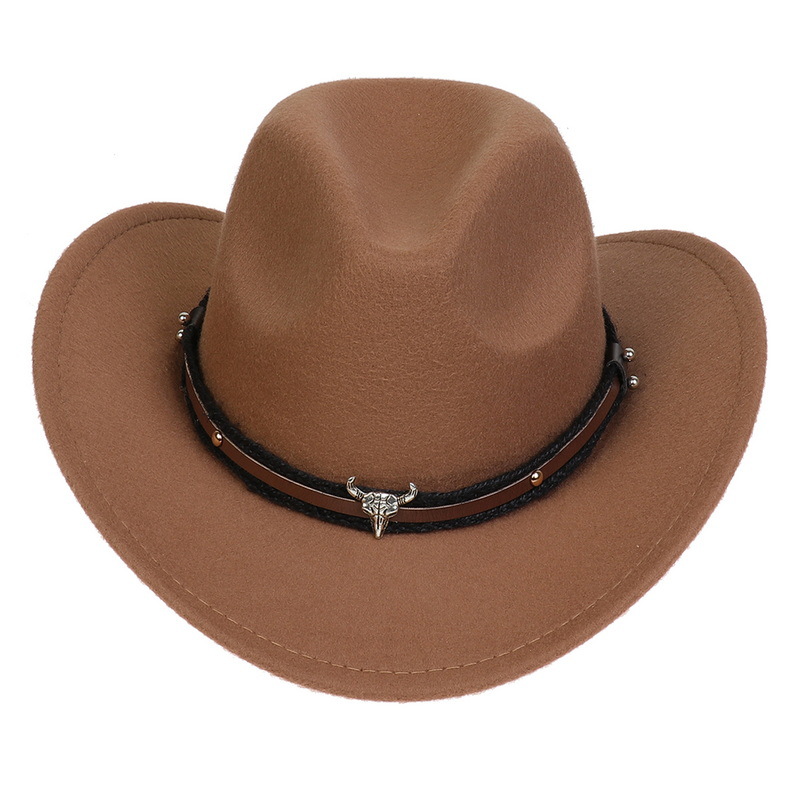 Nuovo cappello da cowboy dell'Europa occidentale, catena in pelle di vacchetta di lana, cappello jazz con bordo rialzato, cappello tibetano retrò, tendenza del cappello in feltro_voghion.com