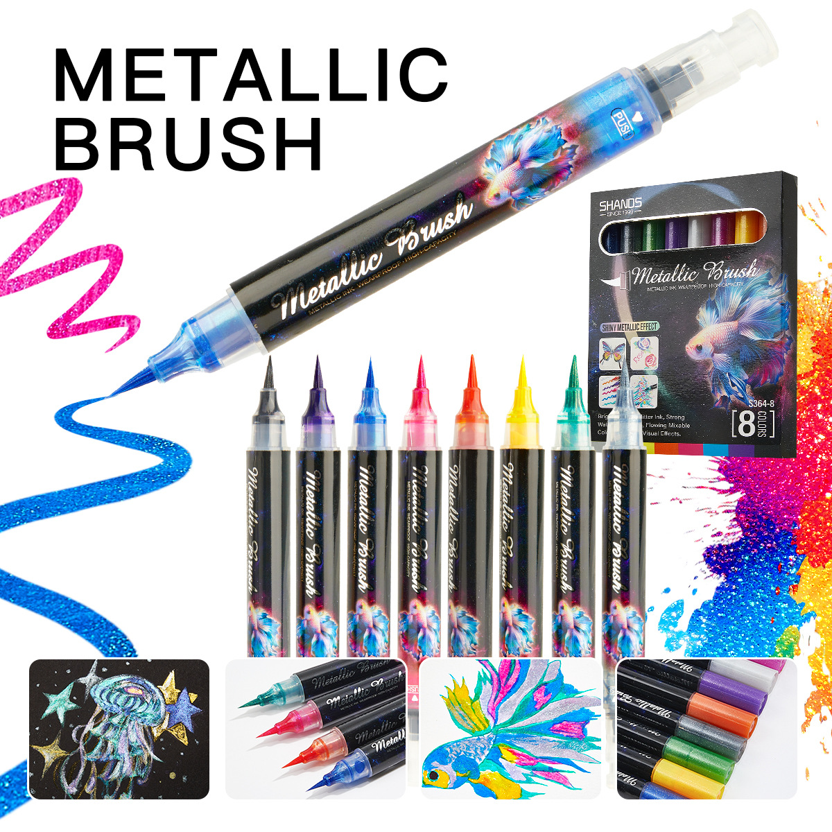 Flashing retractable soft-tip marker pen for students, suitable for drawing, graffiti, journaling, calligraphy practice, metallic color glitter pen