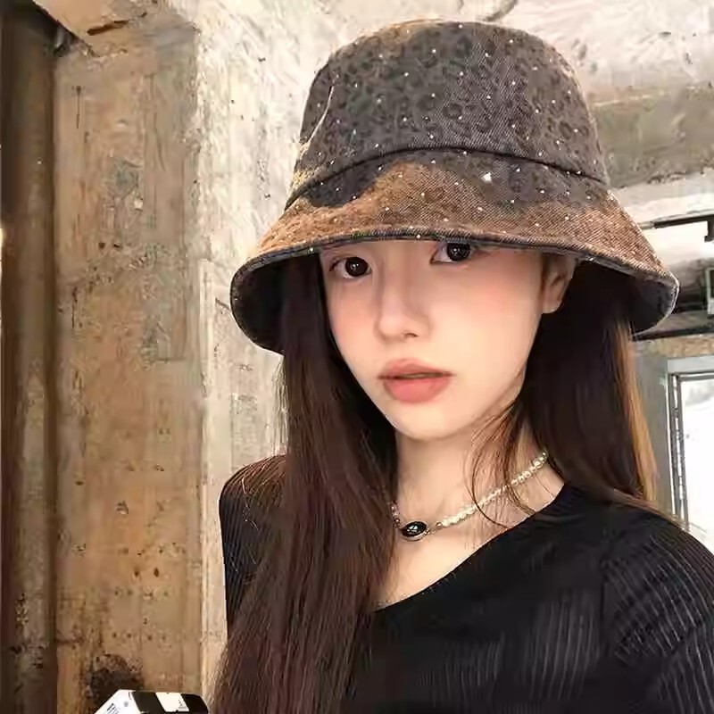 日系大头围小众亮片豹纹渔夫帽女春夏季百搭素颜盆帽显脸小水桶帽|undefined