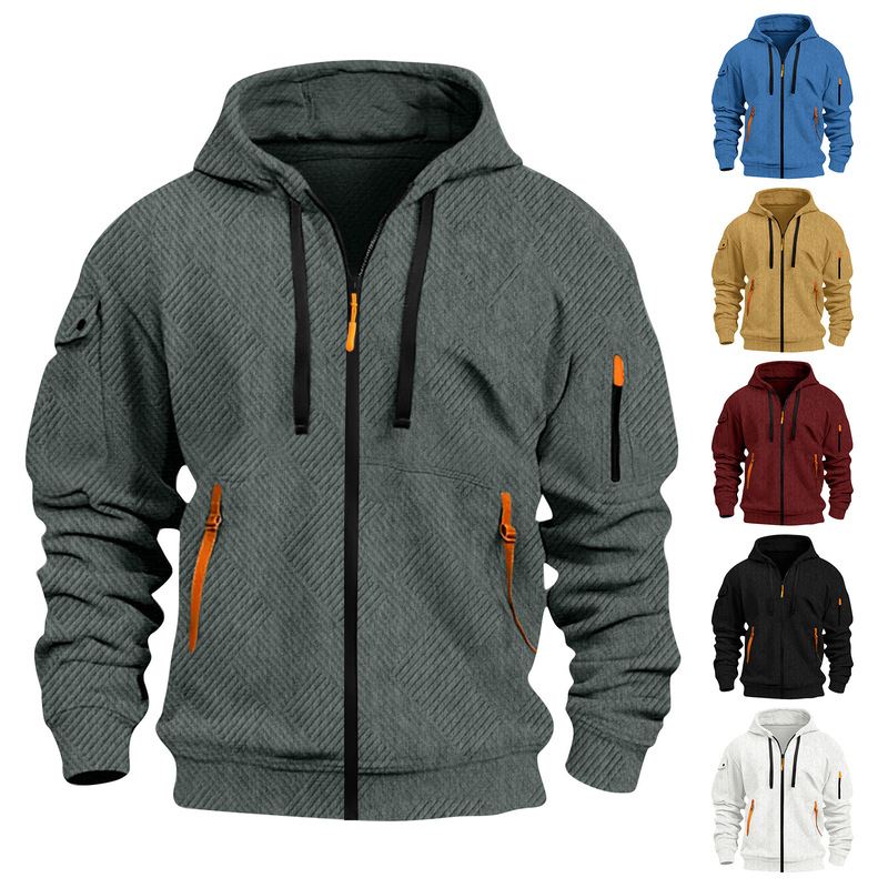 Cross-Border European and American New Men's Full-Zip Hooded Jacquard Cardigan Jacket Pocket Decoration Sports Casual Sweatshirt for Men