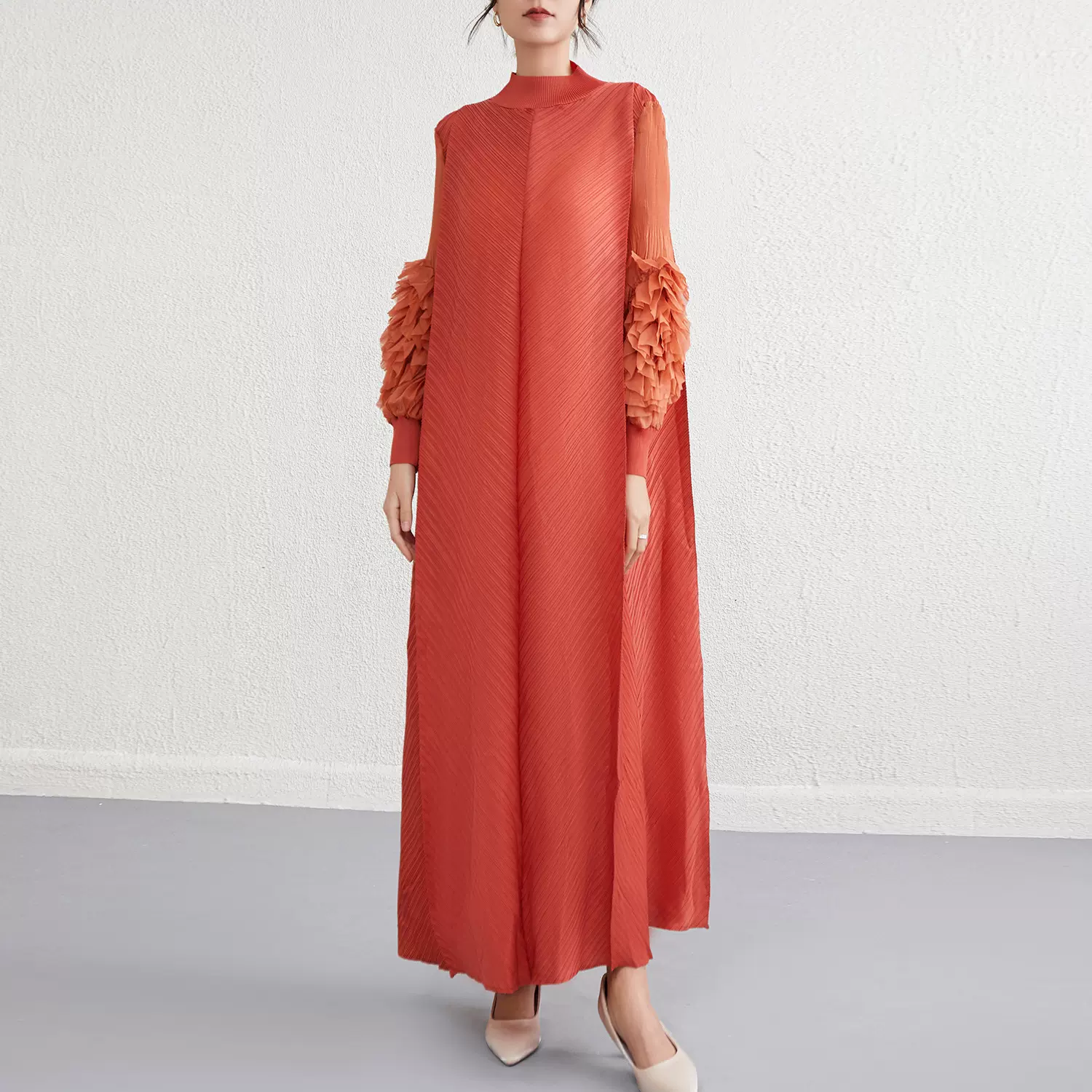 欧美跨境褶皱长款连衣裙气质三宅宽松大码高级长袖立领长裙女装