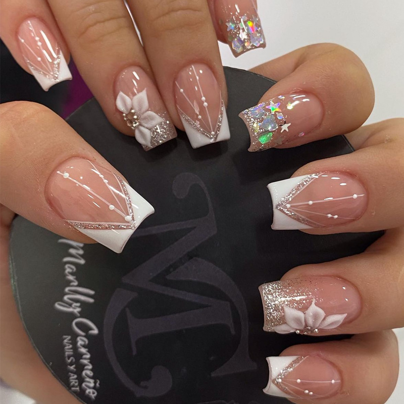 French wearing nail geometric glitter nail art gradient nail art patch cross-border fake nails wholesale false nails