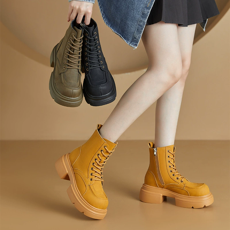 3233 Ботинки из натуральной кожи маленького размера с ревенем, женские ботинки на шнуровке с высоким верхом на толстой подошве в Корейском стиле, Женская однотонная Повседневная Студенческая обувь на флисовой подкладке