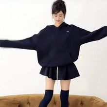 韩版学院风时尚套裙女秋秋冬季新款刺绣连帽卫衣+撞色短裙两件套