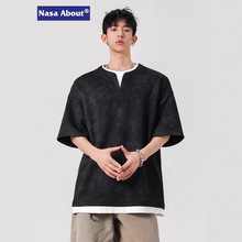 NASA美式扎染短袖T恤男士夏季假两件设计感百搭宽松T恤衫宽松上衣