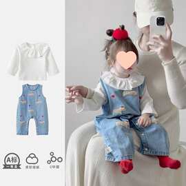 女宝宝毛巾绣套装春秋冬洋气婴幼儿衣服女孩春款牛仔背带裤两件套