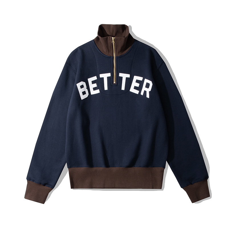 OKONKWO heavy color matching media cremallera solapa suéter engrosada bordado medio pecho cremallera cuello alto suéter