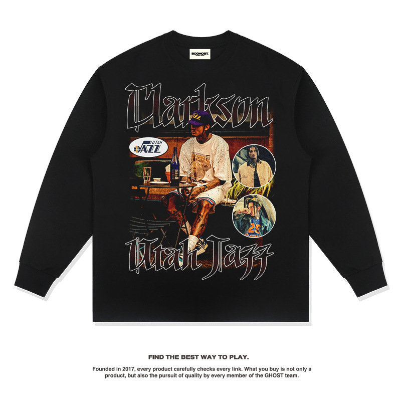 Clarkson American Star camiseta callejera hip-hop marca de tendencia impresión retro hacer viejo lavado pesado cuello redondo manga larga