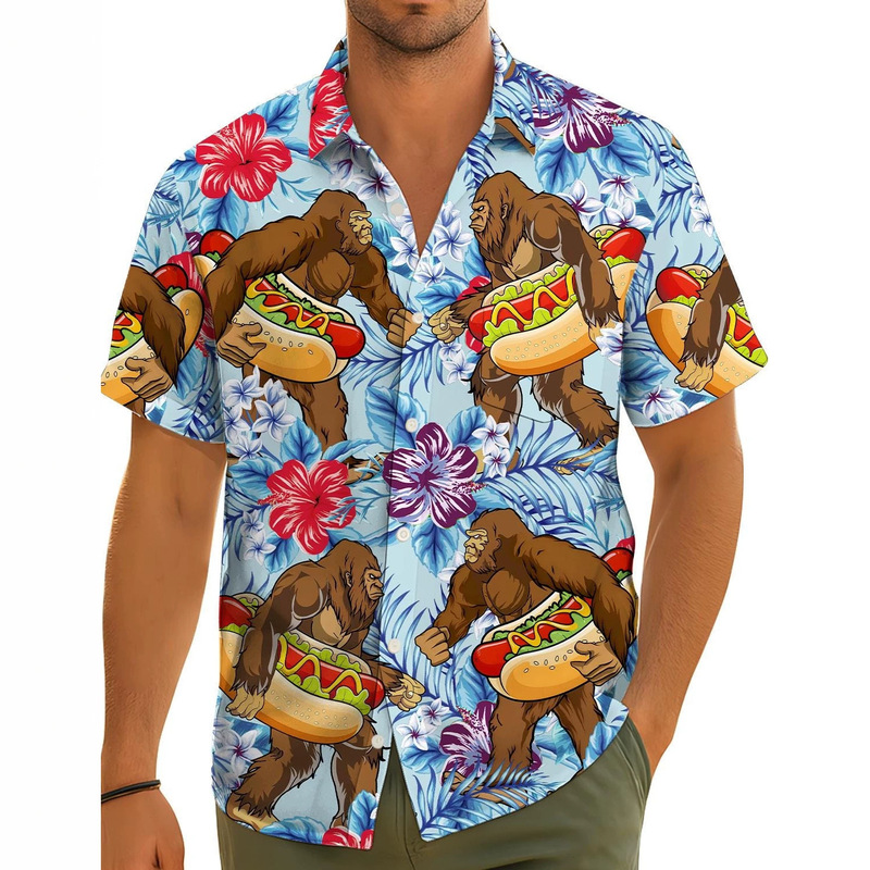 Light blue tropical hibiscus flower gorilla hot dog fun print turn-down collar short-sleeve shirt for men, summer funny beach shirt