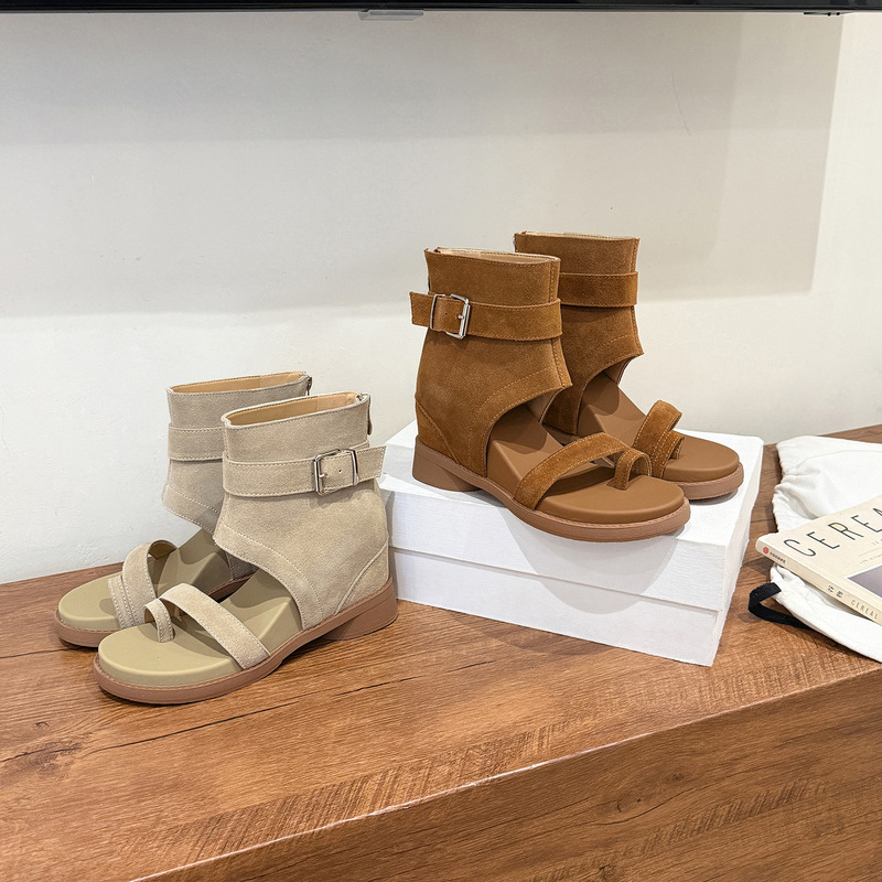 10cm Internal Height Increase Retro Belt Buckle Sandals for Women, New Summer Korean Style Thong-Toe Back Zipper Short Boots Versatile Sandals