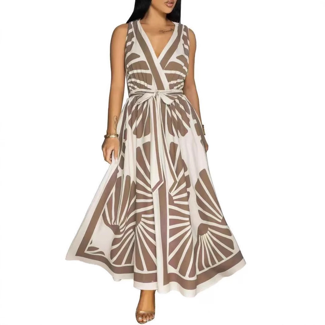2025 Cross-Border Foreign Trade European And American Women's Clothing V-Neck Sleevel Bohemian Printed Long_ecoleips.com