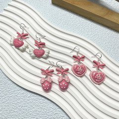 S925 Silver Needle Capibara Love Sweet Pink Earrings with Lacquered Bow and Strawberry Drop for Women