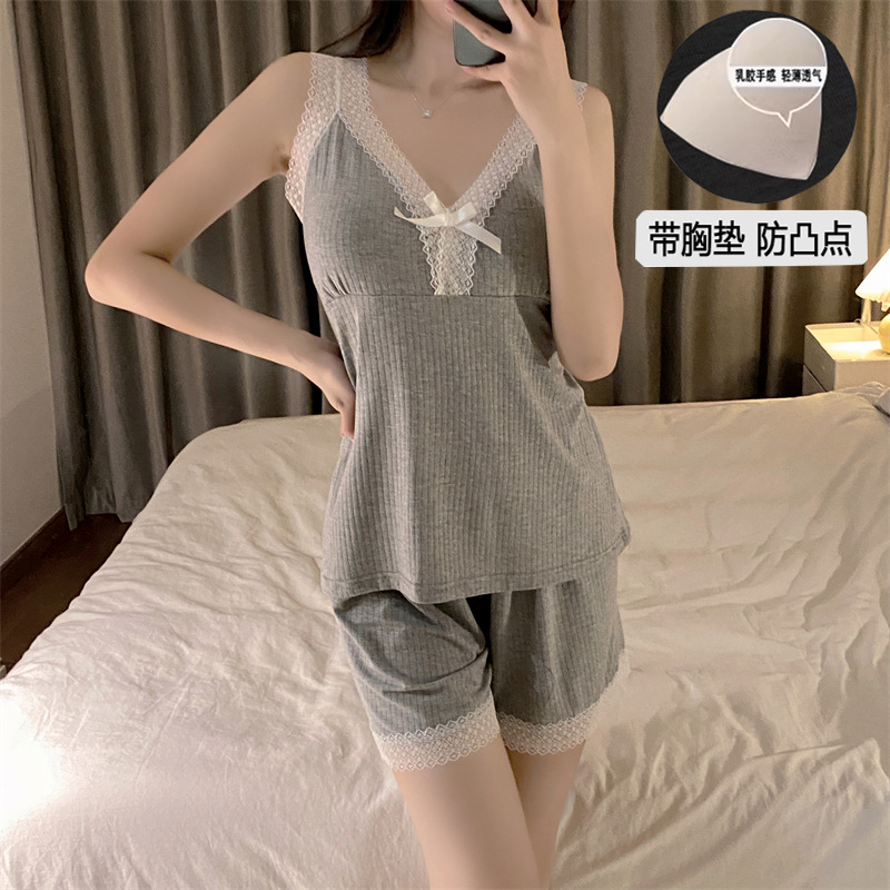 잠옷 여성의 여름 얇은 슬링 반바지 섹시한 세트 홈 의류 가슴 패드 단색 섹시한 조끼