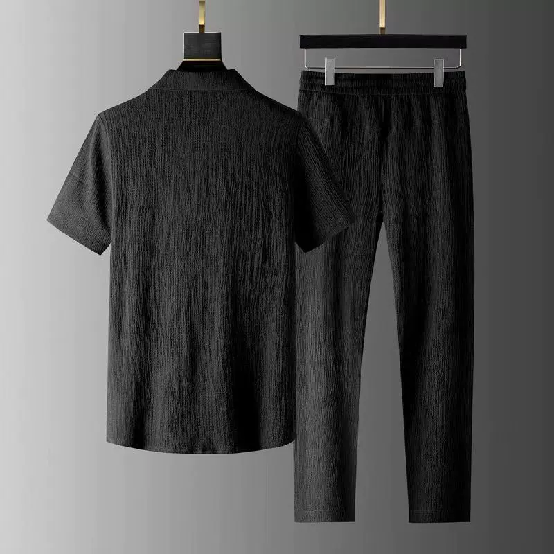 Silk set, summer thin fashionable sports suit for leisure, trousers, with short sleeve, light luxury style