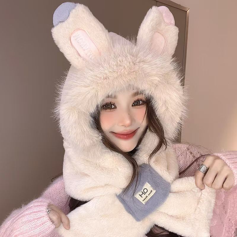 Añadir vello grueso lindos sombrero bufandas de oso en un conjunto de dos piezas para mujeres otoño y invierno nuevo buñuelo de peluche cálido con sombrero