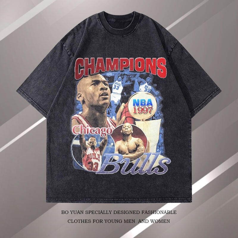 Nba Jordan Basketball Jersey Summer Loose Trendy Brand Print Retro Washed Vintage T-Shirt Men's Top American Style Wholesale