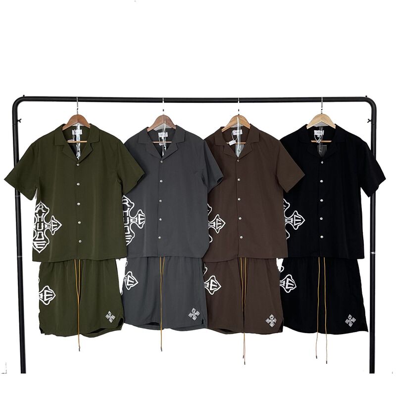 25S Cross-Border European and American Trendy Brand Rhude Letter Slogan Printed Short-Sleeved Shirt Men's and Women's High Street Shorts Casual Suit