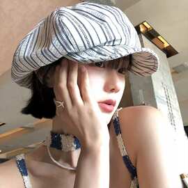 日系复古条纹泡泡纱可翻檐八角帽子女夏季遮阳大头围显脸小包头帽
