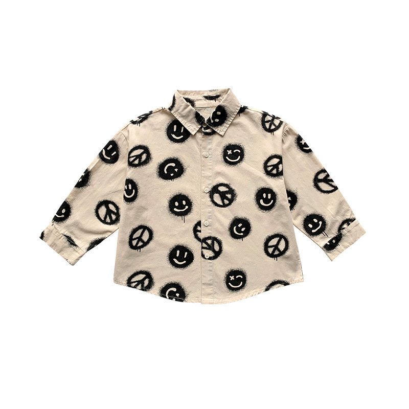 Children's shirt 2023 cool autumn new cool baby casual shirt smiling face printed boy lapel shirt