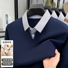 男士时尚衬衫领假两件针织衫春秋季新商务百搭休闲长袖毛衣POLO音