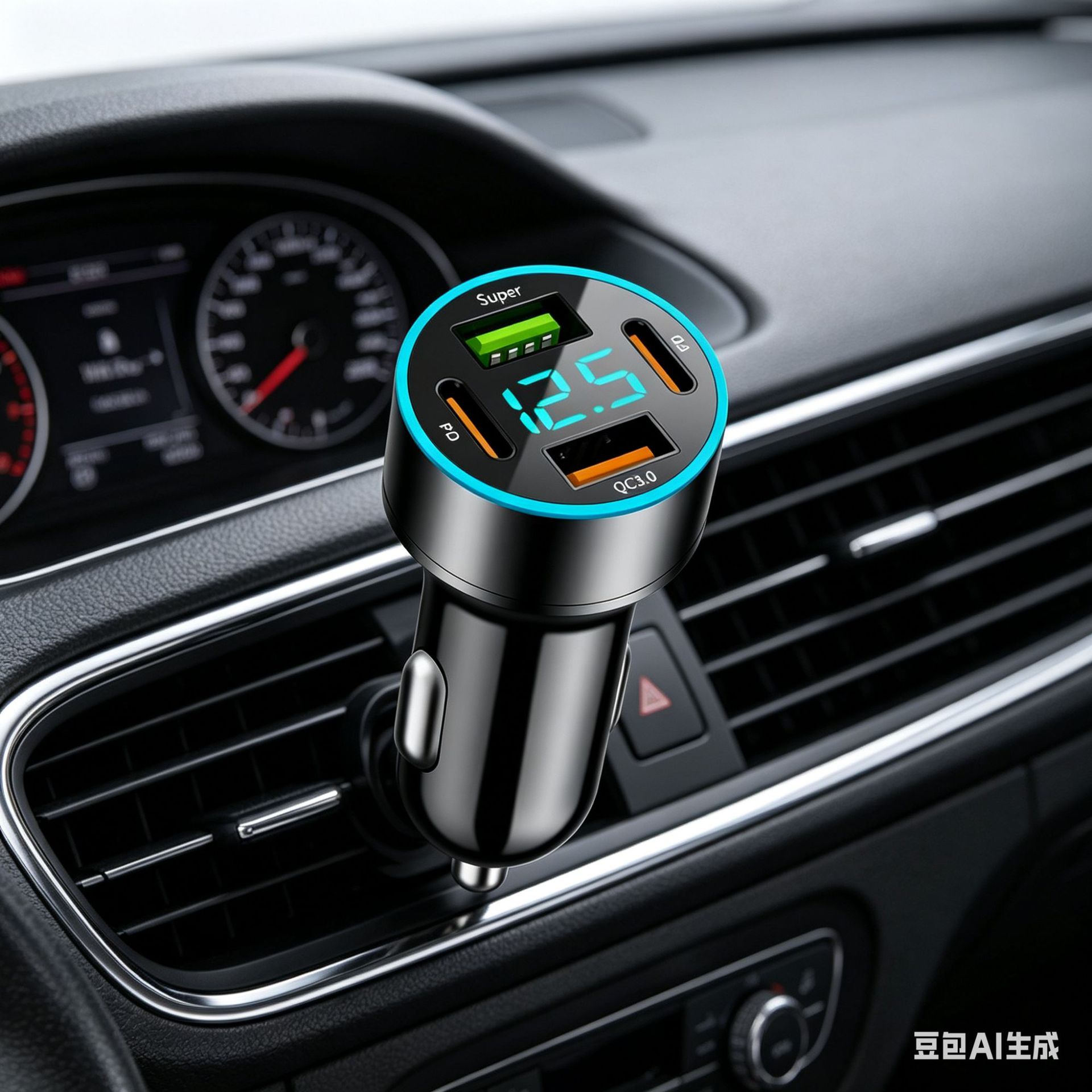 New four-port QC3.0 car charger with digital display, super fast charging, one-to-two cigarette lighter adapter plug, flash charging