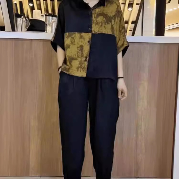 时尚中老年妈妈套装夏季洋气印花宽松百搭上衣女显瘦九分裤两件套