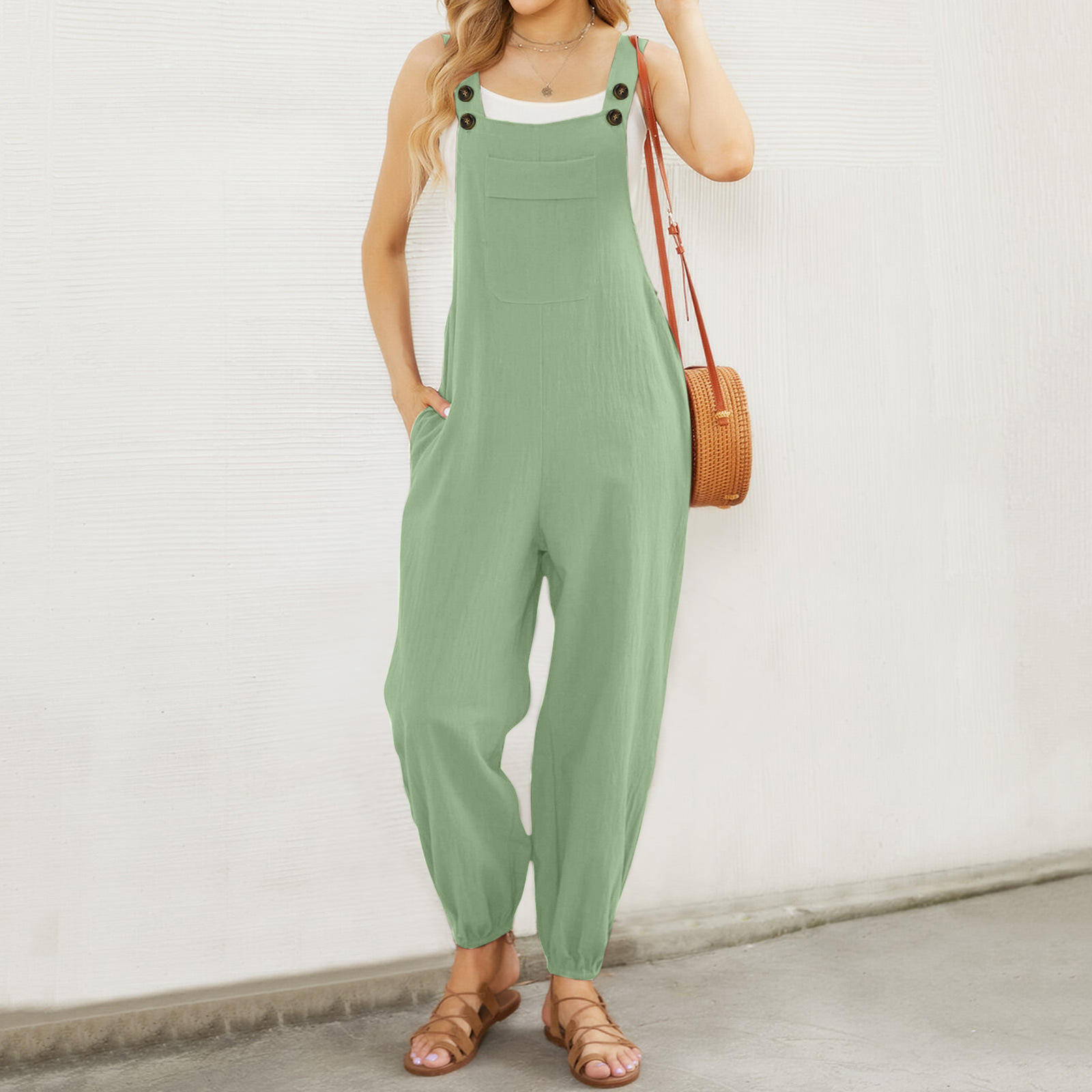 Pantalones de tirantes de bolsillo de la cintura del color sólido del mono de las mujeres europeas y americanas del algodón y del lino
