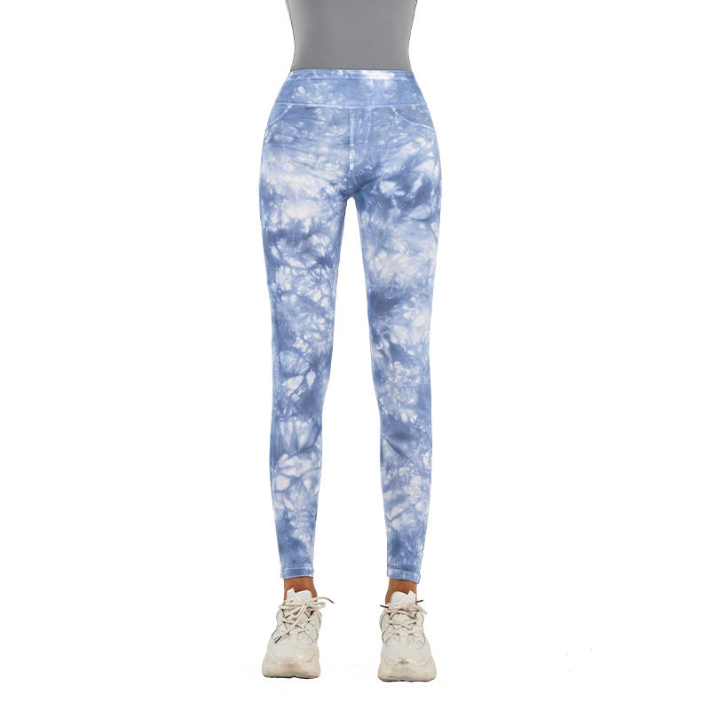 Pantalones de fitness de mezclilla teñidos de cintura alta transfronterizos nuevos pantalones de fitness de cintura alta elásticos de las mujeres que adelgazan la cadera apretados yoga deportes pantalones Casuales