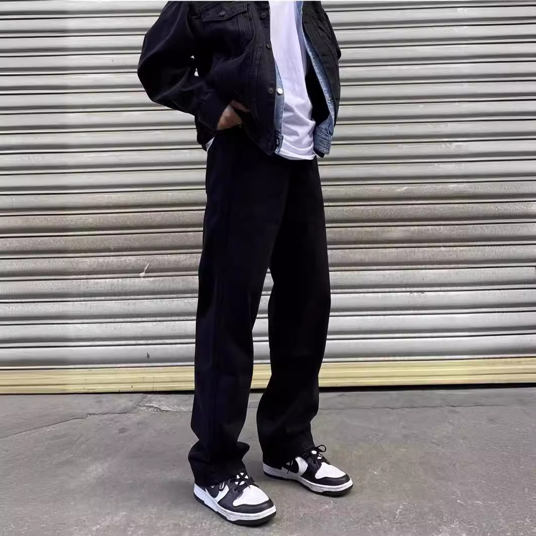 Men's High Street Loose Fit Black Jeans Versatile White Wide Leg Pants Retro Slimming Straight Leg Casual Long Trousers_mkmklike.com