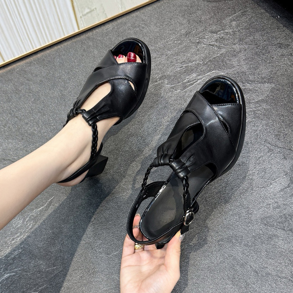 Sandal cao gót nữ mũi cá da thật đế platform quai ngang dệt kim gót thô 9 cm — Màu be