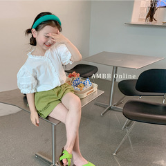 Elmo Beibei Children's Korean Style Puff Sleeve Short Sleeve Top 2023 Summer Girls Temperament Lace White Shirt