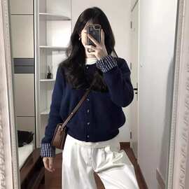 假两件格子拼接针织开衫毛衣女春秋季新款韩系慵懒风松弛感短款上