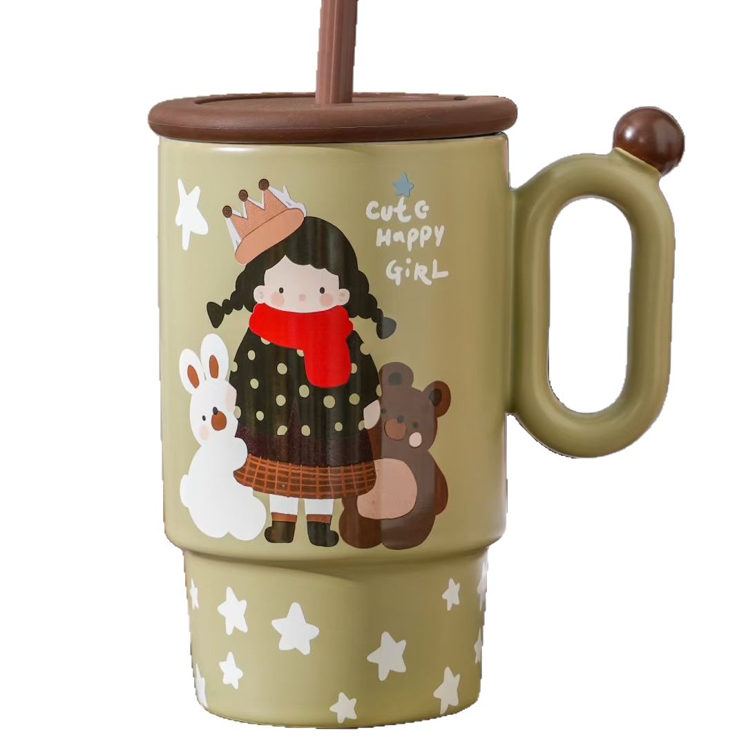 Creativo encantador dibujos animados chica acompañante mano regalo taza de agua de paja estilo japonés alto valor retrógrado taza especial transfronteriza