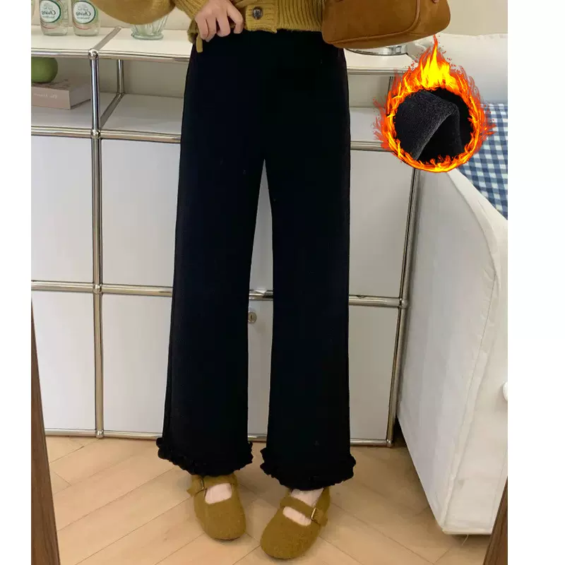 黑色木耳边休闲裤女秋冬加绒加厚小个子阔腿裤高腰宽松梧桐裤