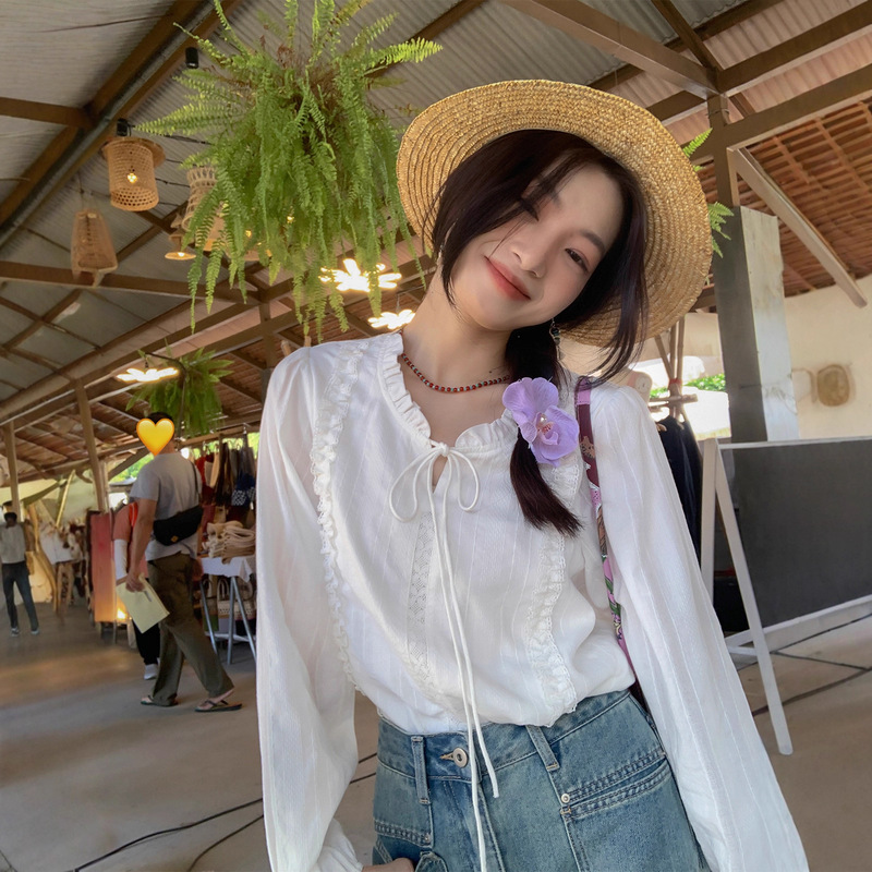 2026 Spring New Women's Lace Collar Pure Cotton White Shirt for Petite Women, Chic and Gentle Style Women's Shirt 6460