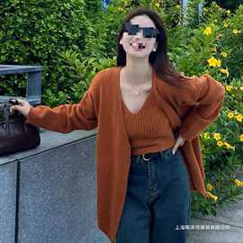 巨显白韩系温柔风早秋中长款女领针织开衫背心套装宽松百搭外套