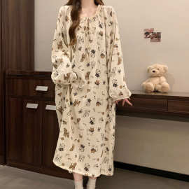 云朵棉睡裙女长袖睡衣女士可爱公主风蝴蝶结大码家居服长裙