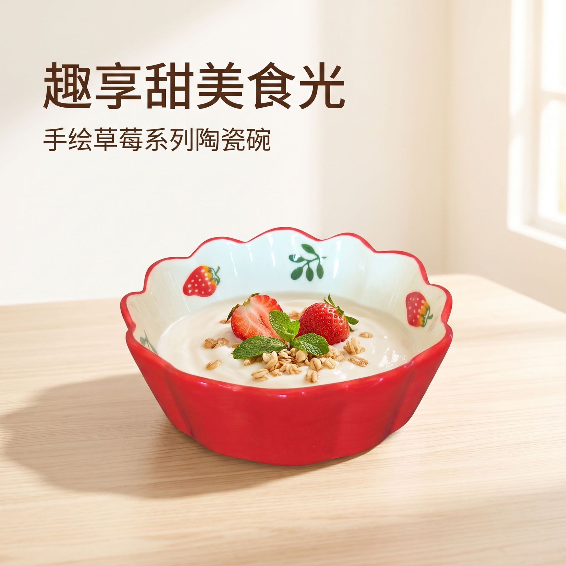 Lace Strawberry Ceramic Bowl for Home Use, Petal Salad Bowl, Breakfast Cereal Bowl, Fruit Dessert Noodle Bowl, Ins Style