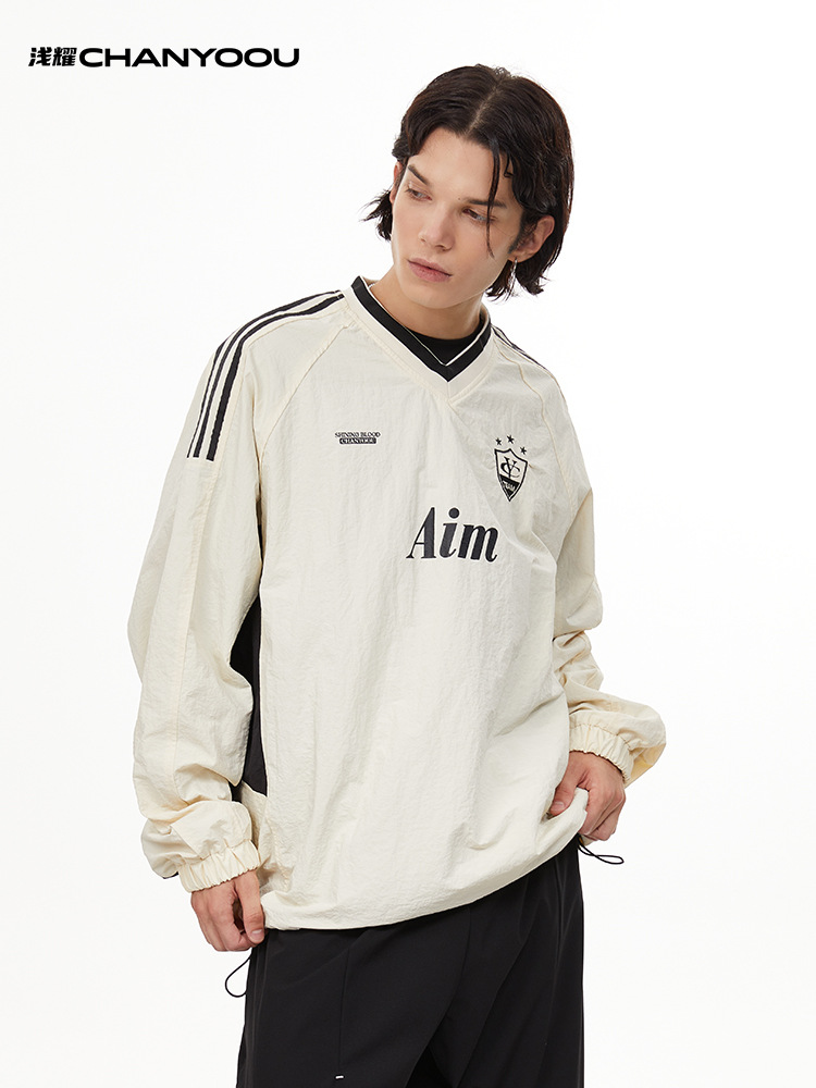 QIANYAO MEN'S | ヨーロッパとアメリカのレトロなコントラストカラーの速乾性長袖Tシャツ、ゆったりとしたレイジースタイルの秋のトレンドジャージスポーツトップ