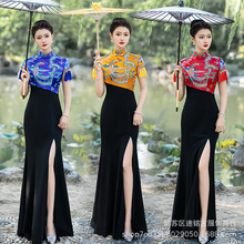 2025新款旗袍演出服复古长款刺绣凤鱼尾裙修身礼仪走秀表演裙大码